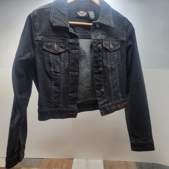 Women's Small Black Denim Cropped Harley Davidson Jacket Button Up - Picture 2 of 4